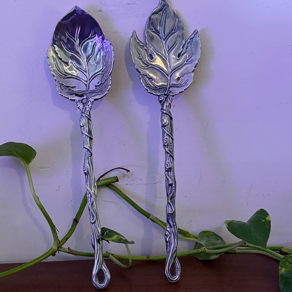 Vintage Arthur Court Silver Leaf Serving Spoons - Decorative Pair